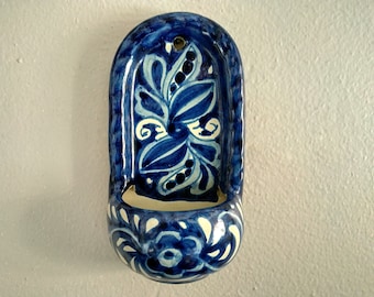 Blue White Ceramic Wall Hanging Sconce or Planter, Mexican Made, Talavera Style, Pretty Wall Sconce, Hand Painted, Handmade Vintage Pottery