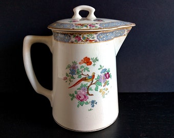 Large Vintage Enamel Pitcher with Flowers and Bird Design, Vintage Enamelware, Craquelure Surface, Asian Pheasant with Peonies, Gold Accents