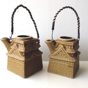 Set of Two Matching Vintage Pagoda Shaped Trainware Teapots - Japan, Glazed Ceramic matching Mini Teapots, Planters, MCM Yellow Gold Color