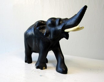 Vintage Carved Wood Elephant, Black Ebony Colored, Broken Trunk, Vintage African Animal Souvenir Statue, MCM Elephant Figurine, Elephant Art