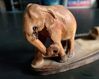 Vintage Miniature Carved Wood Elephant Pulling a Log, Hand Carved Wood Sculpture, Folk Art, Cute Elephant Gift, Highly Detailed Carving