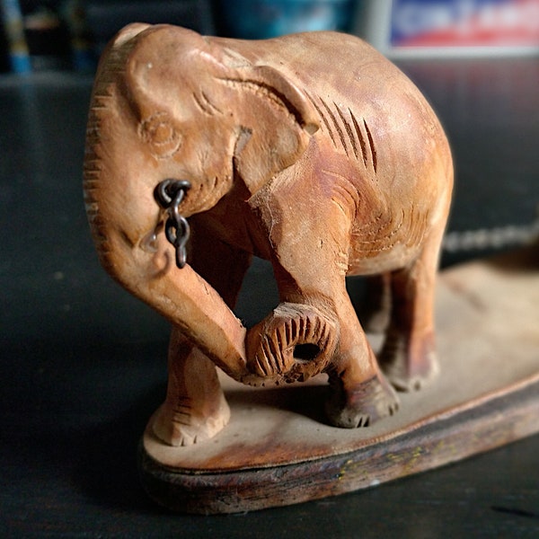 Vintage Miniature Carved Wood Elephant Pulling a Log, Hand Carved Wood Sculpture, Folk Art, Cute Elephant Gift, Highly Detailed Carving