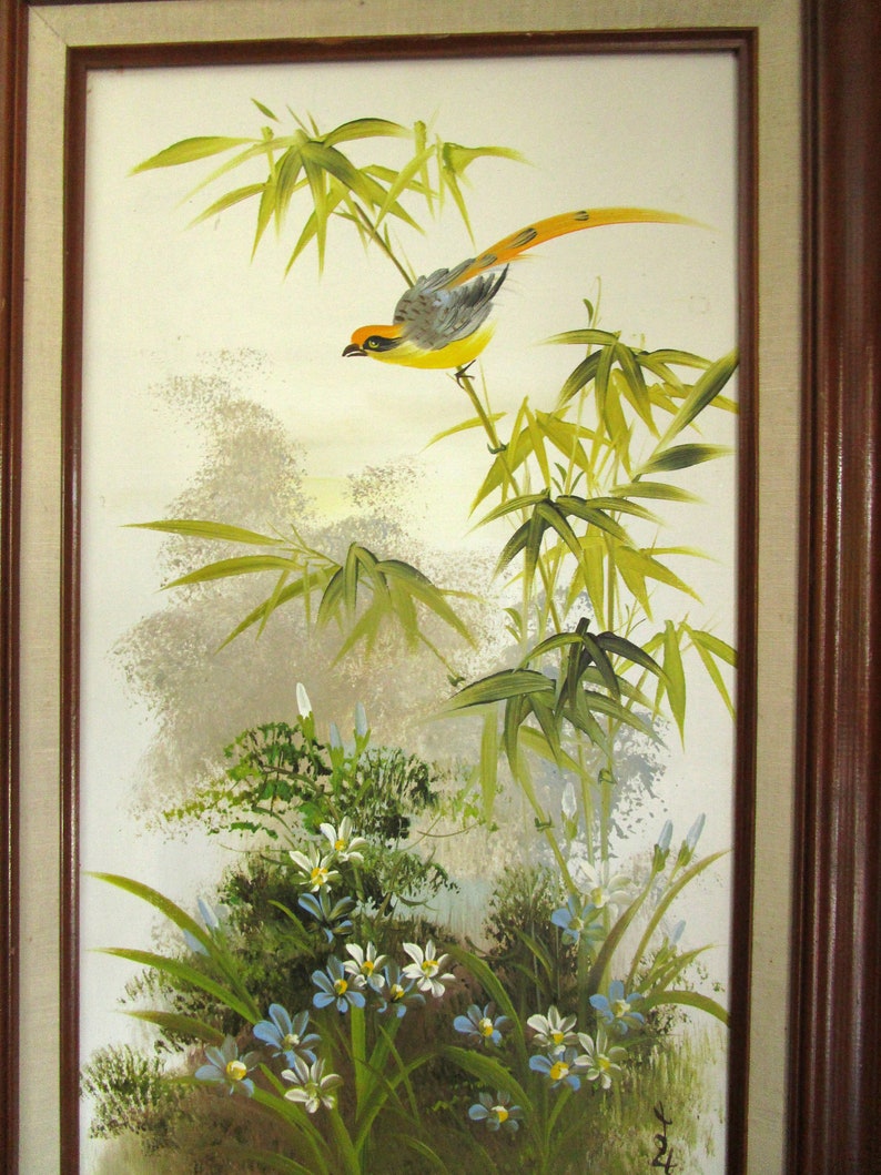 Original Painting Bird in Bamboo with Blue and White Flowers MCM Home Wall Art Hand Painted Original Art, Asian Style, Pheasant Bird NO FRAME