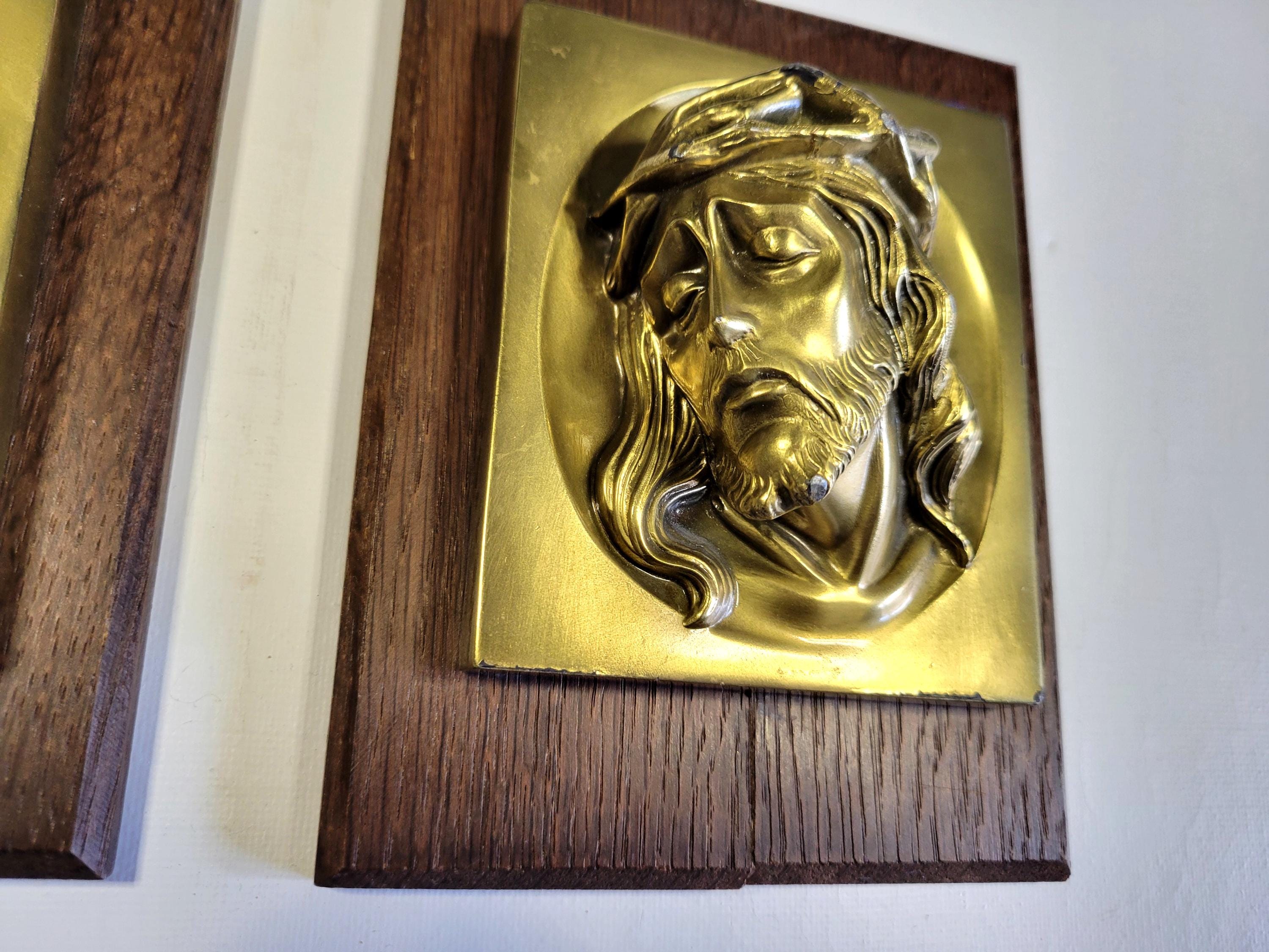 Vintage Brass Jesus and Mary Wall Relief Plaques Mounted on Wood