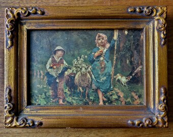 Vintage Faux Oil Painting in Gilded Framed, Shepherds- Mini Wall Art, Rustic Country Art, Girl and Boy with Sheep, Dog, Cute Children Art