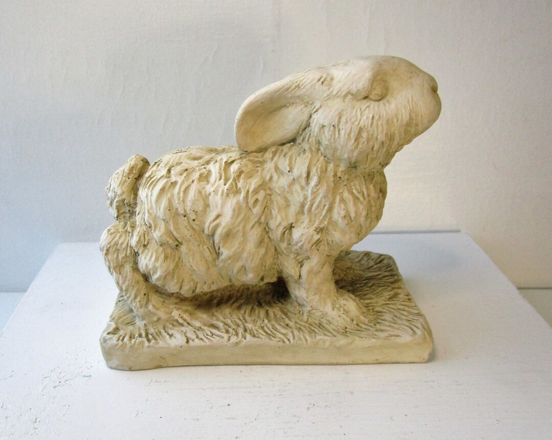 Crouched Rabbit Vintage Bunny Sculpture, Cute Cream Color Bunny, Faux- Stone, 3 D ...