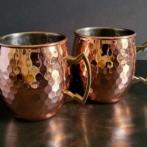 Matching Pair of Vintage Copper and Brass Cups, Set of Two Dimpled Mugs with Handles, Large Drinking Vessels, MCM, Moscow Mule Cups, Barware