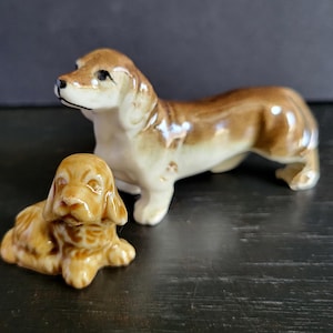 Set of Two Vintage Ceramic Dogs, Brown and White Dachshund, Cute Yellow Puppy, Glazed Ceramic Dog Figurines, Collectible Dog Miniatures