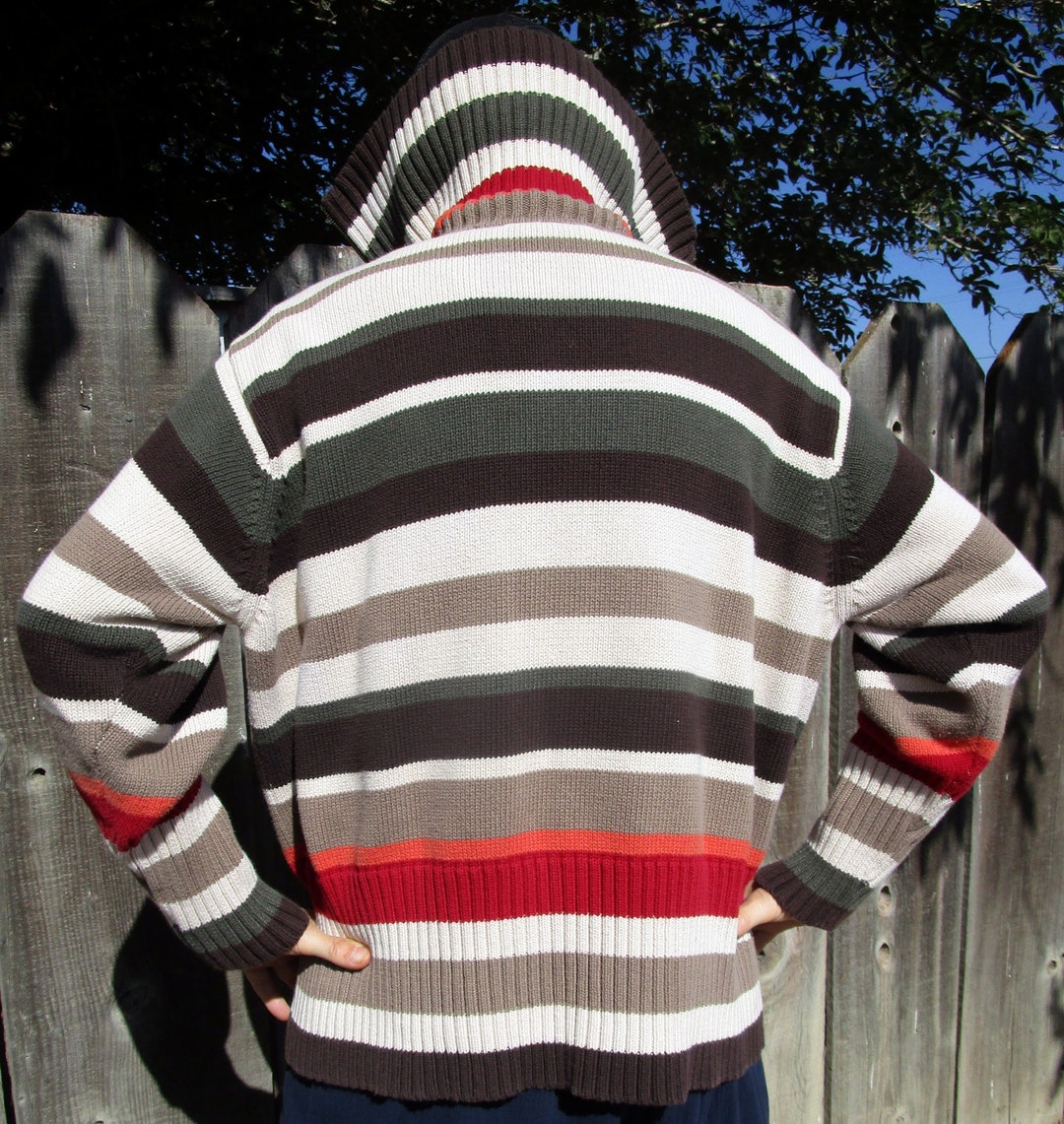 Vintage Striped Sweater Unisex Medium Brown Beige Green Red Zipper