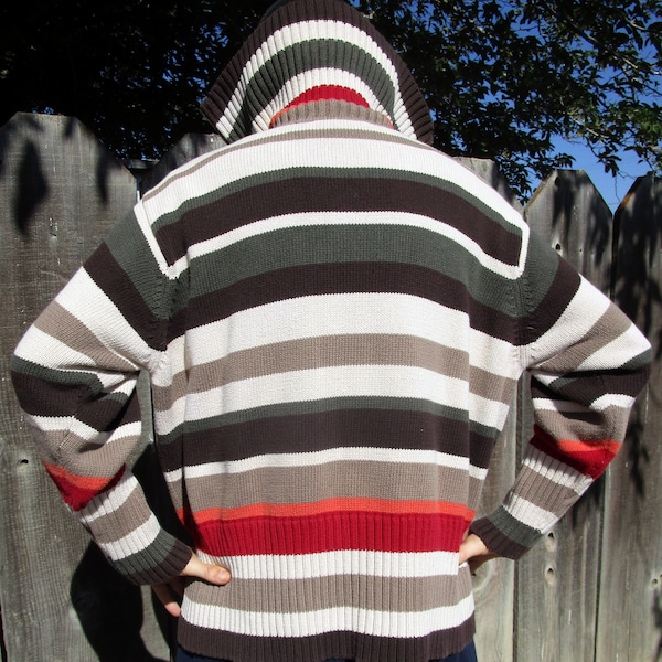 Vintage Striped Sweater Unisex Medium Brown Beige Green Red  Zipper Front High Collar 100% Cotton