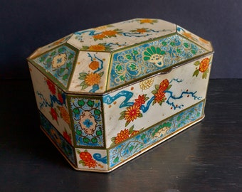 Vintage English Floral Design English Tea Tin - Cream, Blue, Orange, with Blossoms, Hinged Lid, Octagonal Rectangle Shape, Made in England