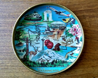 Vintage Washington State Map Souvenir Plate, Metal Decorative Bowl, Mt. Rainier, 747, King Dome, Olympia Capitol, Ferry, Space Needle, Bear