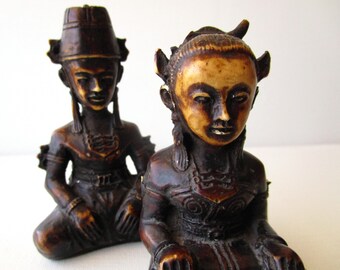 Vintage Hand-Carved Ox Horn Figurines, Male and Female Ceremonial Dress, Handmade figurines, Exotic Statues, Unique Sculptures, Carvings