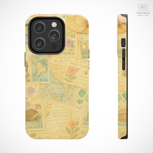 Étui pour iPhone 16 vintage timbre-poste de l'Italie avec cartes, fleurs et lettres, étui pour téléphone artistique collage de voyage pastel