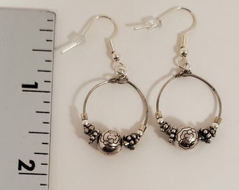 Handcrafted - Dangling Hoop Drop Earrings – round Silver tone Beads with a Fishhook