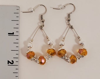 Amber Glass Bead Hoop Earrings – Silver Tone Dangle Earrings