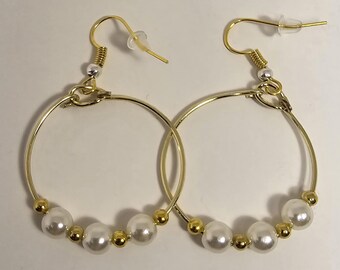 Handcrafted Dangling Hoop Drop Earrings with Lustrous Pearl-Like and Gold-Tone Beads