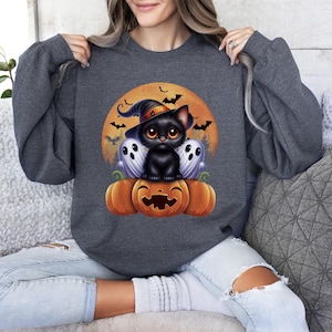 Retro Black Cat Pumpkin Halloween Costume Fall Autumn Season Sweatshirt ,Ghost Bat Cat Lover Gift, Spooky Autumn Hoodie