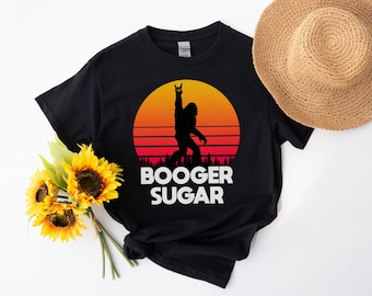 Booger Sugar Bigfoot T-Shirt, Sasquatch Funny Tee, Funny Meme Shirrt, Retro Sunset Tee, Rock On Hand Gesture, Cryptid Lover Gift, Funny Gift