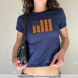 Y2K Hot Dog American Flag Baby Tee Funny BBQ Grilling 4th Of July Shirt Baby Tee Funny Tee Y2K July 4th Patriotic Summer BBQ Crop Top