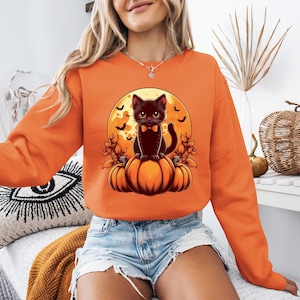 Retro Black Cat Pumpkin Halloween Costume Fall Autumn Season Sweatshirt , Spooky Autumn Hoodie,Ghost Bat Cat Lover Gift