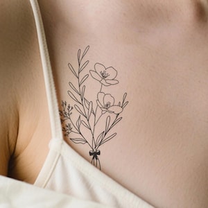Floral Temporary Tattoo Set – Fine Line Bouquet Ink, Wildflower Arm & Wrist Tattoos for Women