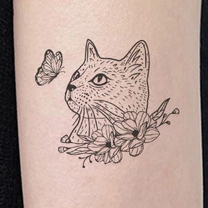 Cat and Butterfly Temporary Tattoo – Cute Line Art Pet Tattoo for Cat Lovers, Fake Floral Tattoo Set for Women (Set of 2)