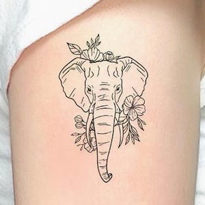 Elephant Floral Temporary Tattoo (Set of 2) – Boho Jungle Tattoo, Minimal Animal Line Art, Elephant with Flowers, Nature Inspired Tattoo