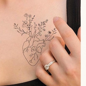 Heart and Flowers Temporary Tattoo – Symbolic Black Ink Botanical Art (Set of 2)