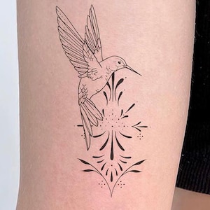 Hummingbird Temporary Tattoo (Set of 2) – Minimalist Bird Tattoo, Fine Line Floral Tattoo, Nature Symbol Body Art