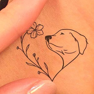 Heart Dog Temporary Tattoo (Set of 2) – Floral Dog Line Art, Pet Memorial Tattoo for Dog Lovers, Minimalist Animal Tattoo