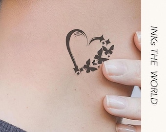 愛と自由のタトゥー – 蝶と星が描かれたハート（2枚セット）