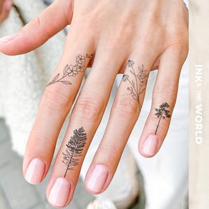 Minimalist Floral Finger Tattoos – Wildflower Temporary Tattoo Pack | Dainty Botanical Line Art Tattoo for Women