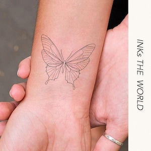 Butterfly Temporary Tattoo (Set of 2) – Fine Line Minimalist Tattoo for Wrist – Small Fake Tattoo Sticker – Aesthetic Body Art for Women