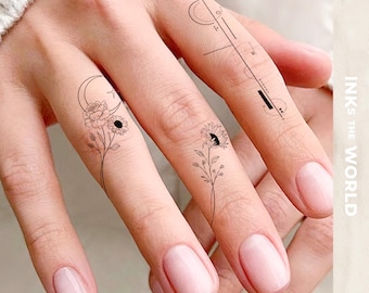 Moon Flower Temporary Tattoo Set (3 Designs) | Bee, Floral & Geometric Line Art for Women