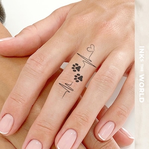 Heartbeat Paw Print Tattoo – Minimalist Pet Memorial Temporary Tattoo for Dog or Cat Lovers (Set of 2)