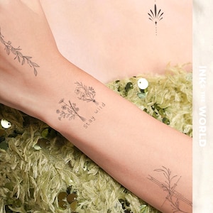Minimal Botanical Temporary Tattoos Set – Stay Wild Floral Arm Tattoo, Wildflower Fine Line Tattoo for Women