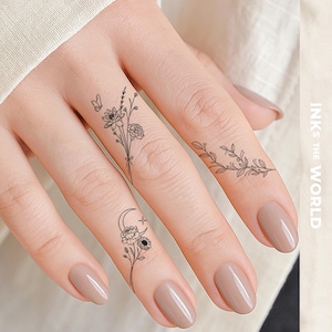 Botanical Temporary Tattoo Set | Moon Floral, Butterfly Bouquet & Leaf Line, Vine Design Tattoos