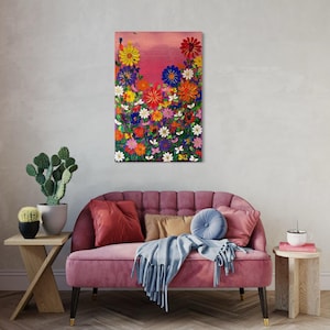Pittura acrilica con texture floreale vibrante – Arte floreale colorata e audace su tela