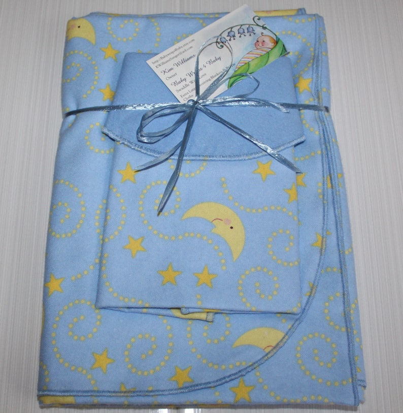 Blue Moon & Stars Flannel Receiving Blanket W/out Burp Cloth Extra