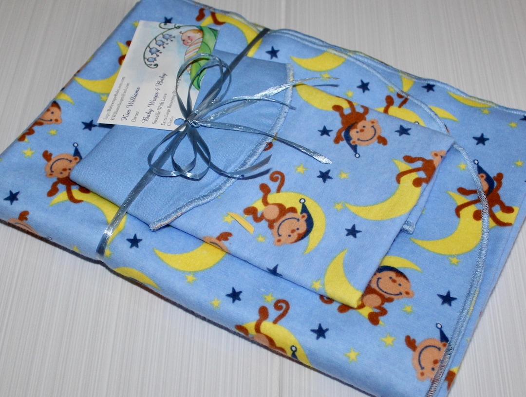 Nighty Night Moon Monkey Flannel Receiving Blanket W/out Burp Cloth