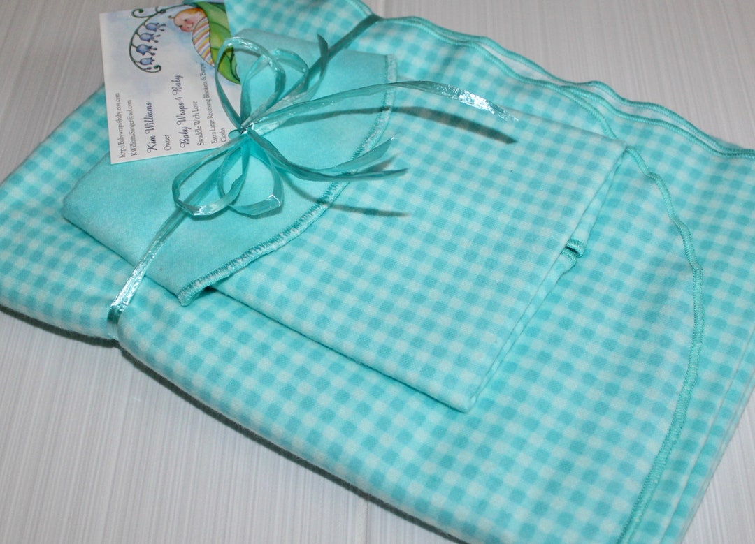 Teal Gingham Flannel Receiving Blanket Set Extra Large, Teal Gingham Baby Blankets, Teal Baby