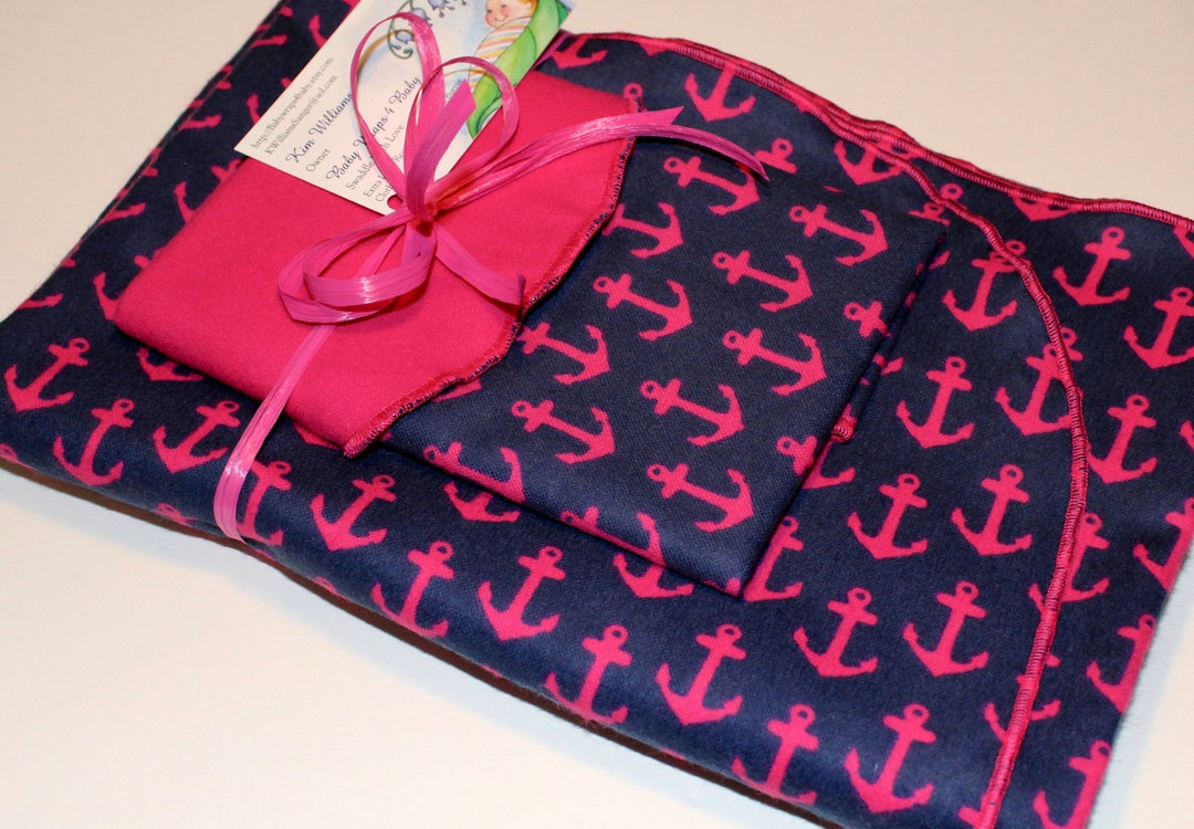 Navy With Pink Anchors Flannel Receiving Blankets Extra Large