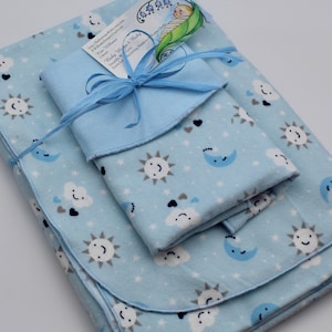 Blue Sun, Moon & Clouds Flannel Receiving Blanket w/Burp Cloth - Extra Large - Blue Celestial Print Flannel Baby Blanket, Blue Baby Blanket