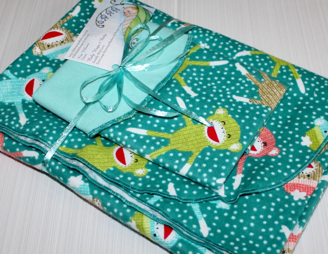 Jade Sock Monkey Flannel Receiving Blanket W/out Burp Cloth Set Extra