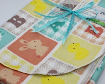 Patchwork Bunny, Duck, Sheep and Teddy Flannel Receiving Blanket | Animal Print Baby Blanket 45" X 40"