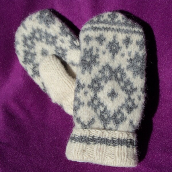 Cream and Gray Wool Sweater Mittens