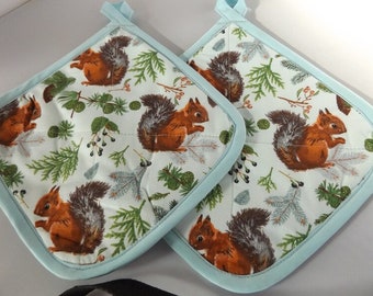 Squirrel Fabric Pot Holders  Hot Pad -Set of 2 and Kitchen Scarf  (boa)
