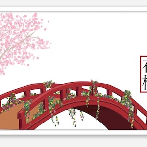 May include: Illustration of a red Japanese bridge with a curved design, adorned with greenery. A cherry blossom tree is on the left. The Japanese characters for "flower bridge" are on the right.