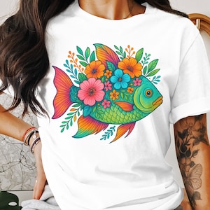 Blumiger Fisch T Shirt, Aquarell Fisch, Buntes Fisch Design, Tropischer Fisch Druck, Sommer T Shirt, kwiatowy Tier T Shirt Geschenkidee